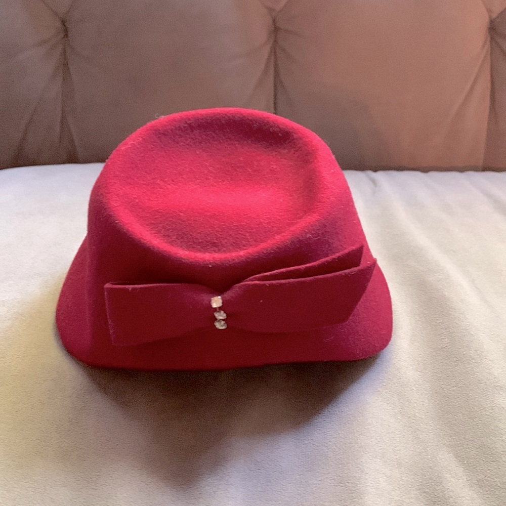 Vintage Burgundy Red Wool Hat with Bow and Rhinestones